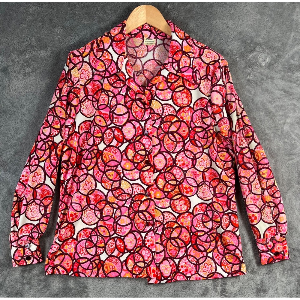 Vintage 70s Mod Psychedelic Print Blouse Womens Large Dagger Collar Button Shirt